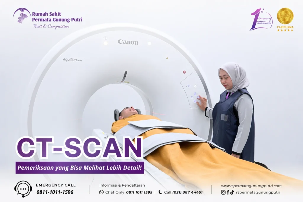 Mesin CT Scan modern di RS Permata Gunung Putri Bogor untuk pemeriksaan radiologi membantu diagnosis berbagai penyakit secara akurat.