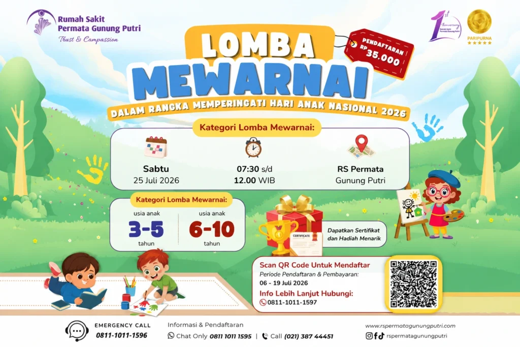 Anak-anak mengikuti lomba mewarnai Hari Anak Nasional 2026 di RS Permata Gunung Putri Bogor untuk melatih kreativitas dan kepercayaan diri.